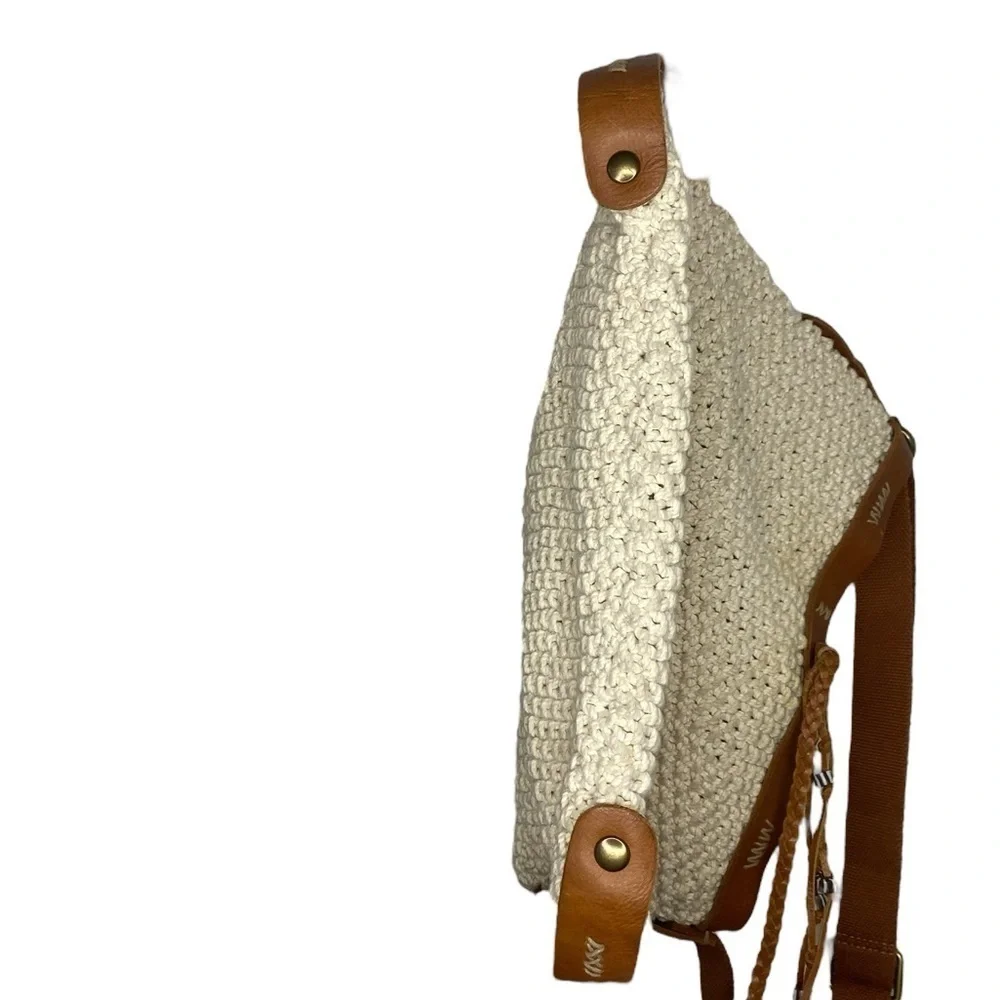 Lucky Brand Woven Cotton and Leather Stylish Tan and Brown Boho Crossbody Bag